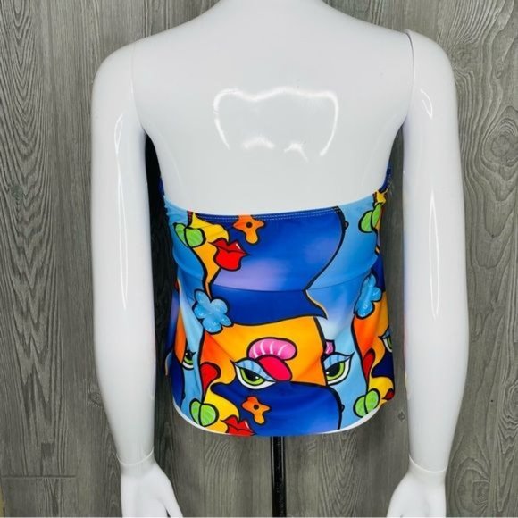 Cartoon Graphic Bandeau Peplum Bikini Swimsuit top strapless bathing suit swimwe - Picture 3 of 5